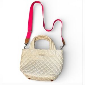 MZ Wallace Metro Small Pearl White Crossbody Tote bag with Pink Strap